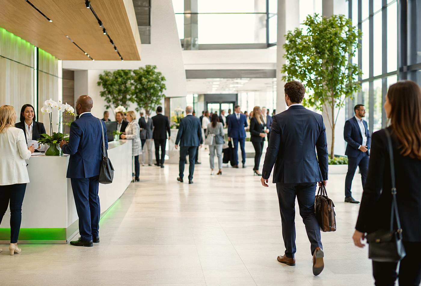 Professionals networking in an event lounge